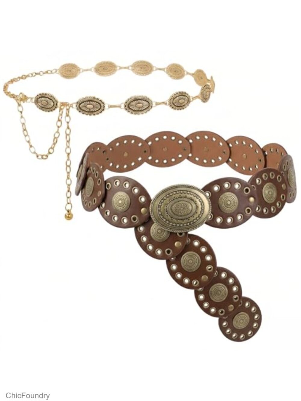2 Pc Boho Belt Set Faux Leather Western Waist Chain Oval Buckle Women's
